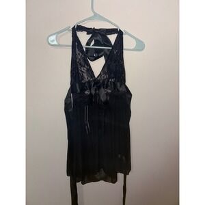 HEARTTIPS Black Lace Trim Halter Babydoll Chemise Top Size S lingerie valentines